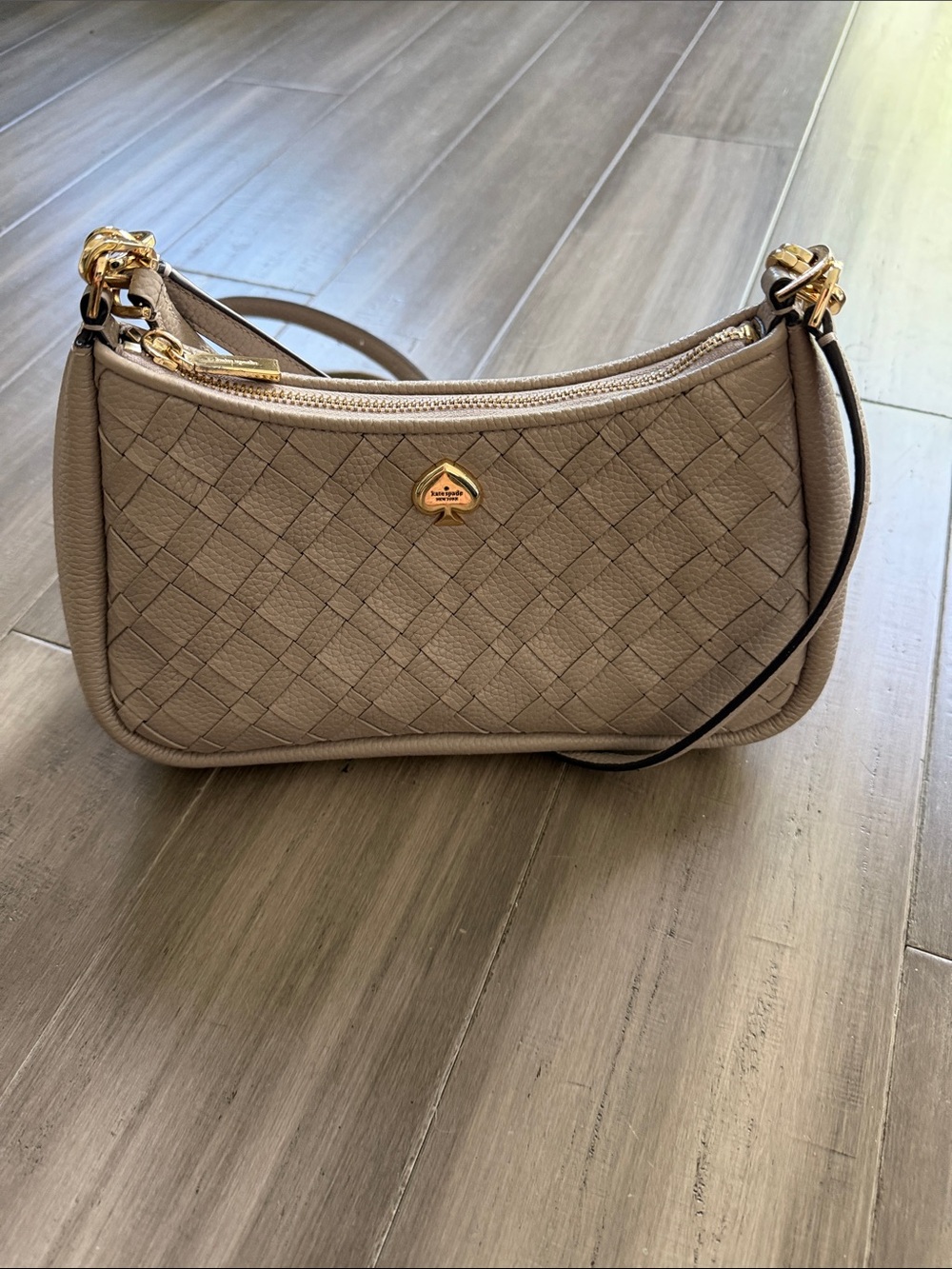 kate spade Taupe Woven Leather Shoulder Bag with Gold Hardware
